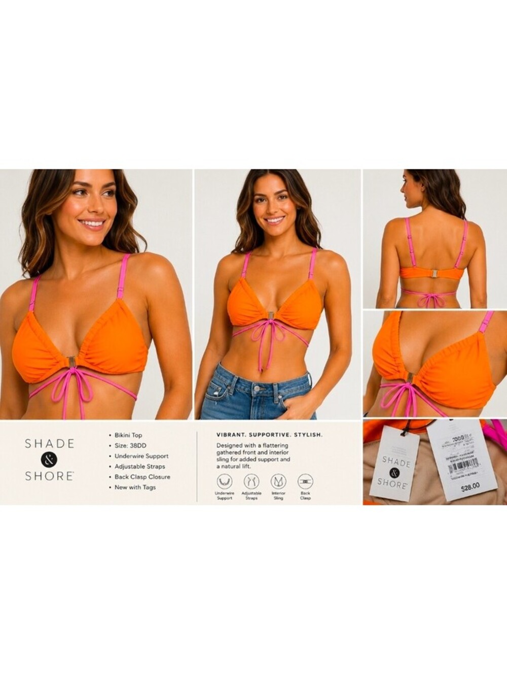 Shade & Shore Bikini Top 38DD Orange Pink Strappy Underwire NWT Swimwear